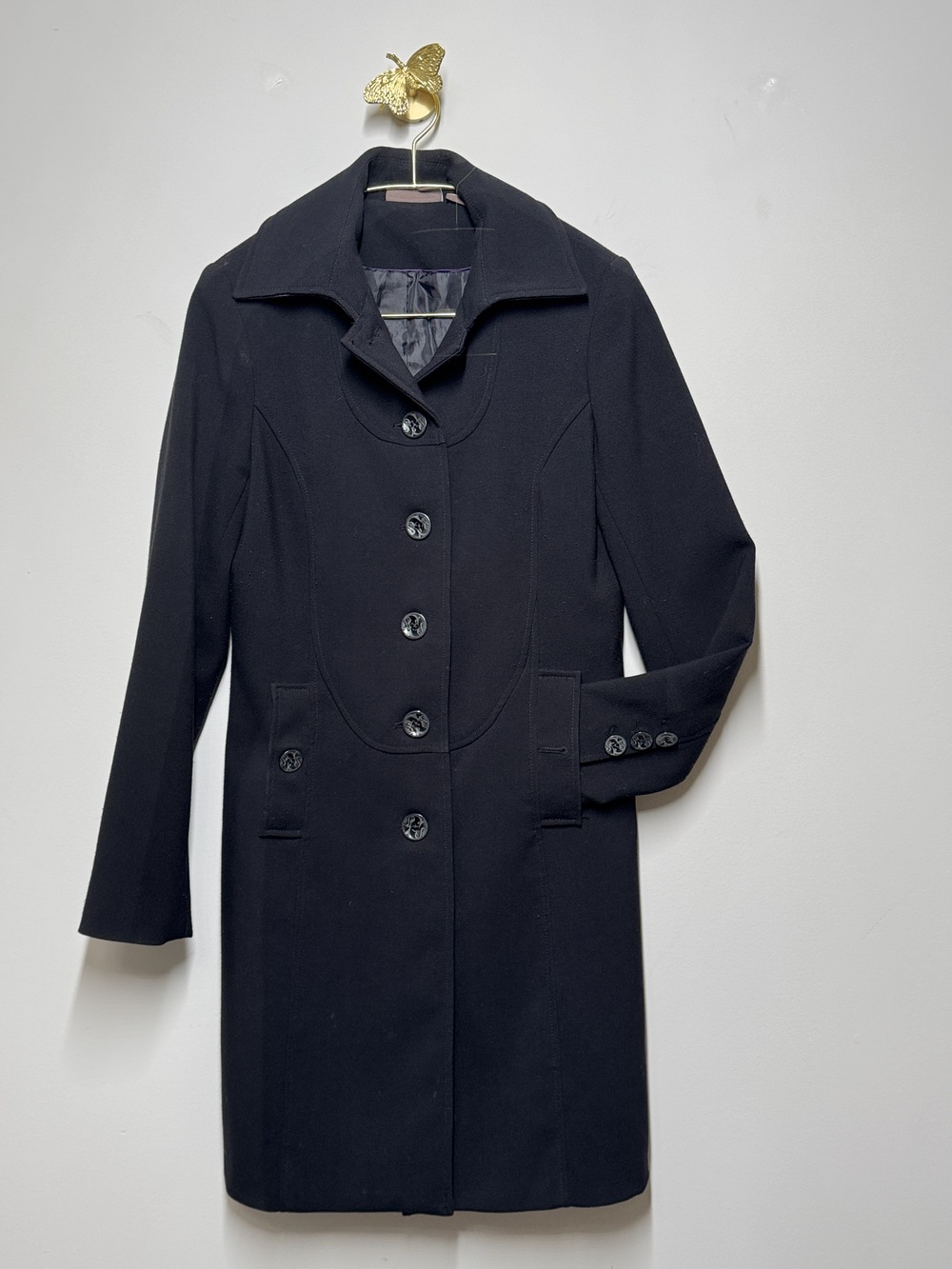 KENAR Black Tailored Single Breasted Mid Length City Coat Car Coat Size 4